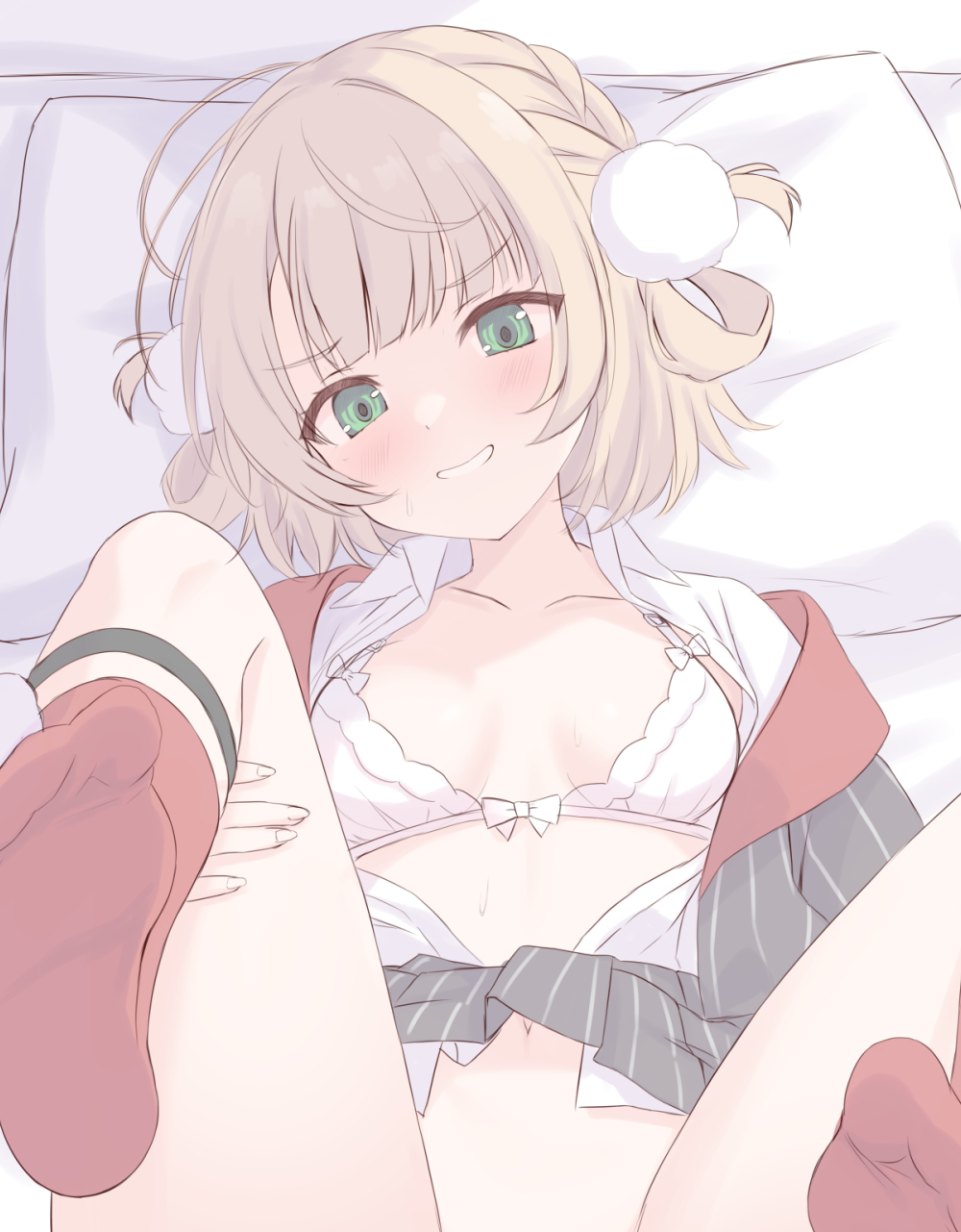 blonde_hair breasts commentary_request feet female green_eyes highres kurono_yuzuko lying pillow shigure_ui_(vtuber) skirt small_breasts socks tagme virtual_youtuber