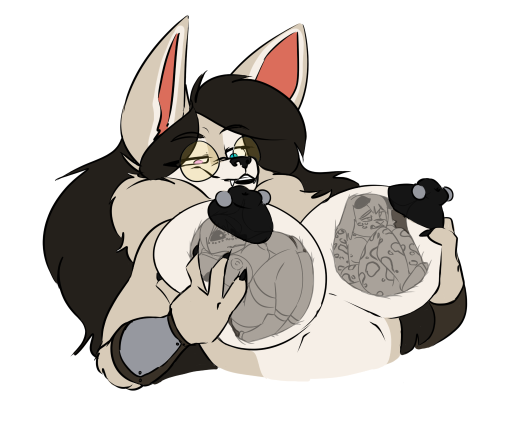 anthro black_hair breast_vore breasts canid canine chest_tuft eyewear felid female female_pred female_prey fennec fox glasses hair hybrid landreu lanmew_snowpaw lexie_dragonwolf mammal mocha_coca pantherine snow_leopard synxirazu-niam tuft vore