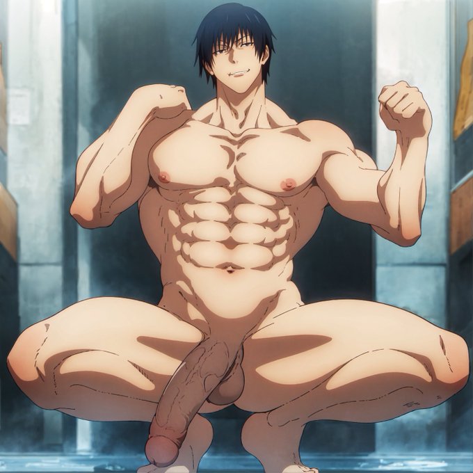 ai generated, anime style, balls, ballsack, bara, big penis, black hair, erect penis, erection, gay, gilxxgamesh, hands up, hands-free, jujutsu kaisen, long penis, male, male focus, male only, muscles, muscular, muscular male, nipples, nude, nude male, nudity, penis, solo, solo focus, squatting, toji fushiguro, vein, veiny penis, yaoi
