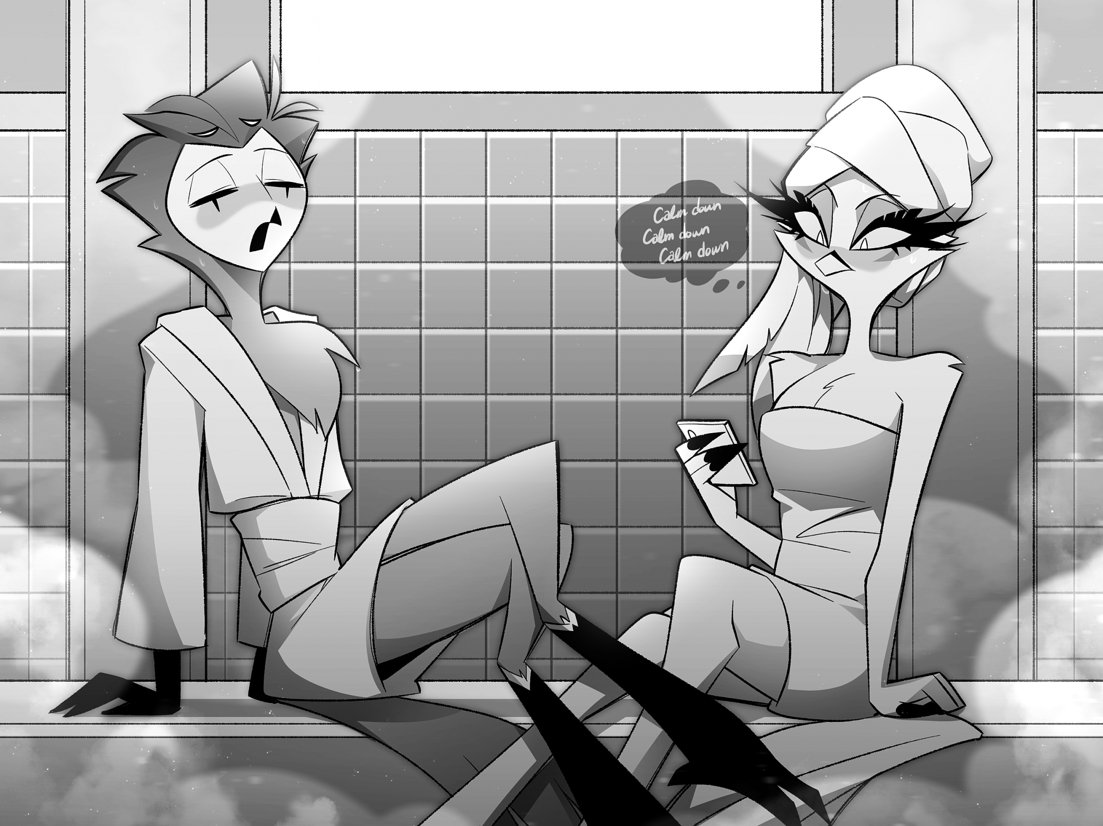 1boy, 1girls, avian, bathrobe, black and white, blush, female, greyscale, helluva boss, husband and wife, legs, legs crossed, luryne, male, married couple, no visible genitalia, onyx superbia, owl, partially clothed, safe, sauna, stella (helluva boss), stolas (helluva boss), sweat, thick thighs, towel, towel on head, towel only, towel wrap