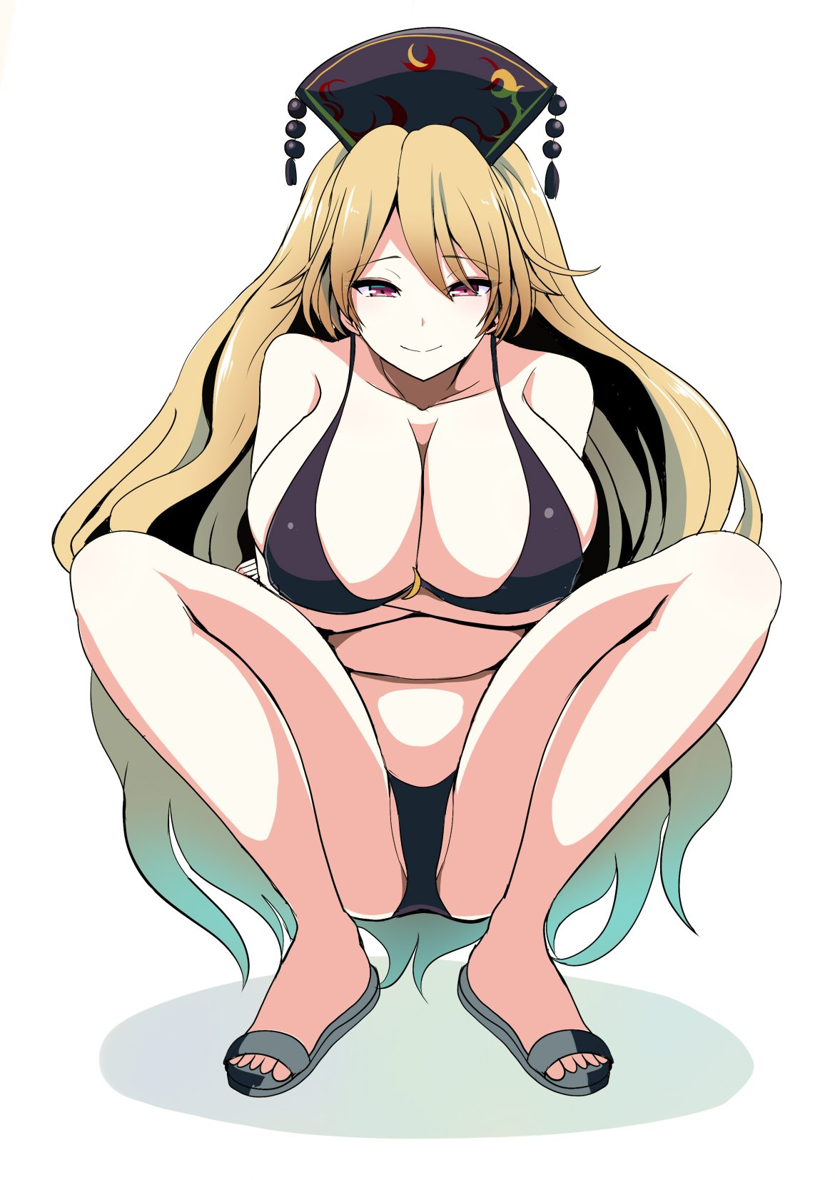 alternate_costume amisu bare_legs bare_shoulders bikini black_bikini blonde_hair breast_hold breasts cleavage closed_mouth collarbone crescent crossed_arms female full_body hat highres junko_(touhou) large_breasts long_hair looking_at_viewer mature_female milf one-hour_drawing_challenge red_eyes sandals sideboob smile solo squatting swimsuit touhou very_long_hair white_background