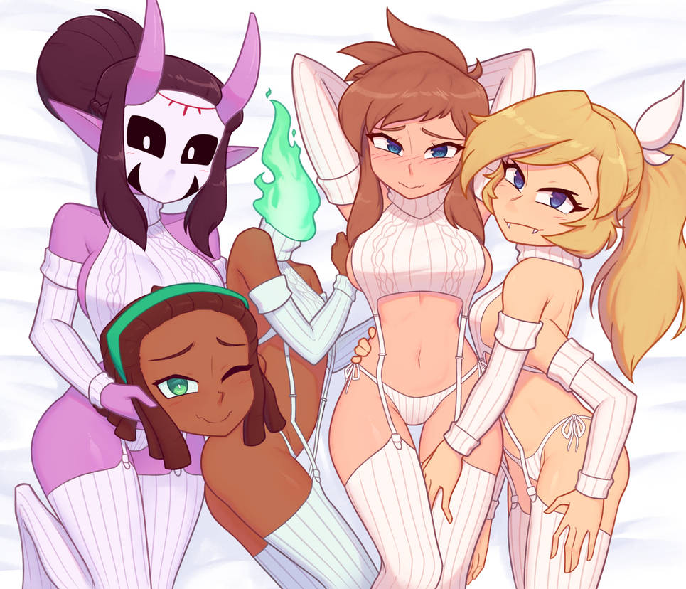 4girls a_hat_in_time bed bedroom_eyes blue_eyes blush dark_skin demon dullahan green_eyes groping hat_adult hat_kid in_bed light_skin looking_at_viewer lying_down mask nelly pink_skin ponytail spider_girl stroking virgin_destroyer_sweater xyroni yuri