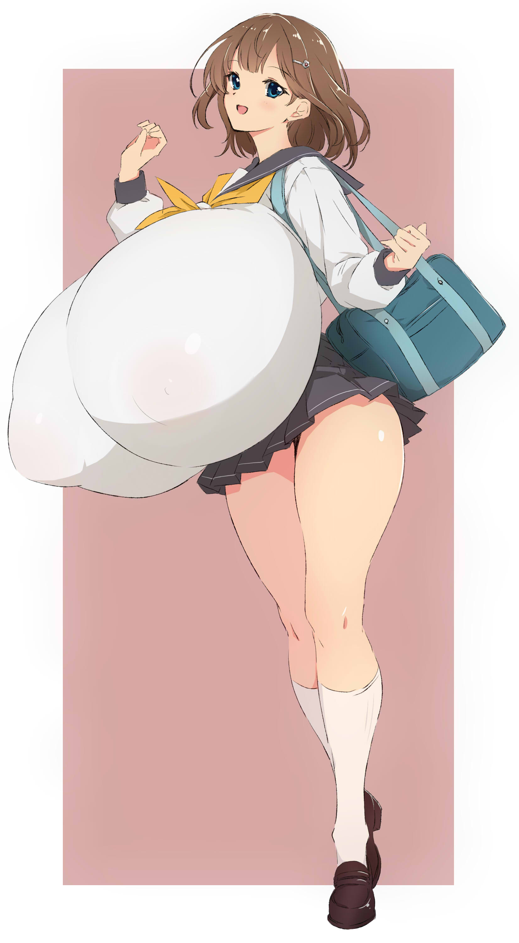 1girls, big breasts, blue eyes, breast focus, breasts, breasts bigger than head, breasts bigger than torso, brown hair, brunette hair, enormous breasts, female, female focus, female only, giant breasts, gigantic breasts, huge breasts, hyper, hyper breasts, large breasts, massive breasts, miniskirt, nehani (tworship), nipple bulge, nipples, nipples visible through clothing, open mouth, school uniform, schoolgirl, shows, simple background, smile, smiling, socks, solo, solo female, solo focus, standing, top heavy, white border