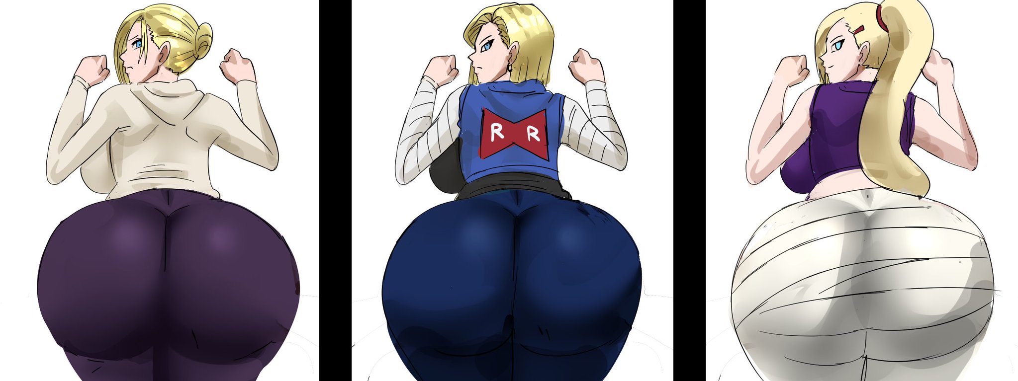 3girls, android 18, annie leonhardt, ass, ass focus, attack on titan, bandaged ass, big ass, big breasts, blonde hair, blue eyes, bottom heavy, breasts, clothed, clothing, crossover, curvy, dragon ball, dragon ball z, female, female only, gtsn17, hoodie, huge ass, huge butt, human, ino yamanaka, jacket, looking at viewer, looking back, multiple females, multiple girls, naruto, naruto (series), naruto shippuden, voluptuous