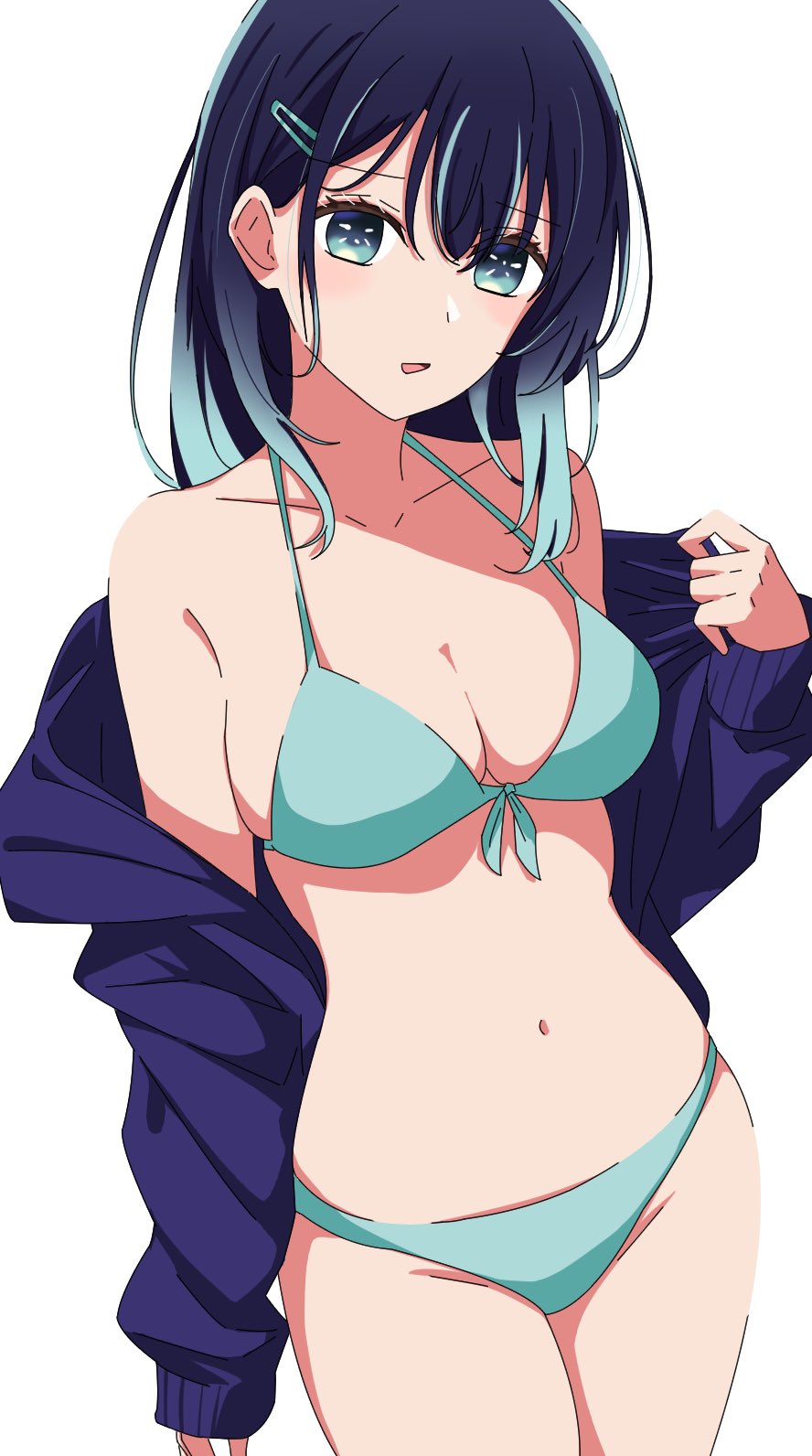 aqua eyes, bare shoulders, bikini, blue bikini, blue bikini bottom, blue bikini top, blue eyes, blue hair, blue jacket, blue swimsuit, blue swimwear, breasts, cleavage, collarbone, commentary request, female, female only, front-tie bikini top, front-tie top, groin, hairclip, head tilt, highres, jacket, kurokawa akane, kusana (kusana47454281), large breasts, multicolored hair, off shoulder, oshi no ko, standing, string bikini, swimsuit, tilted head, v-line, white background