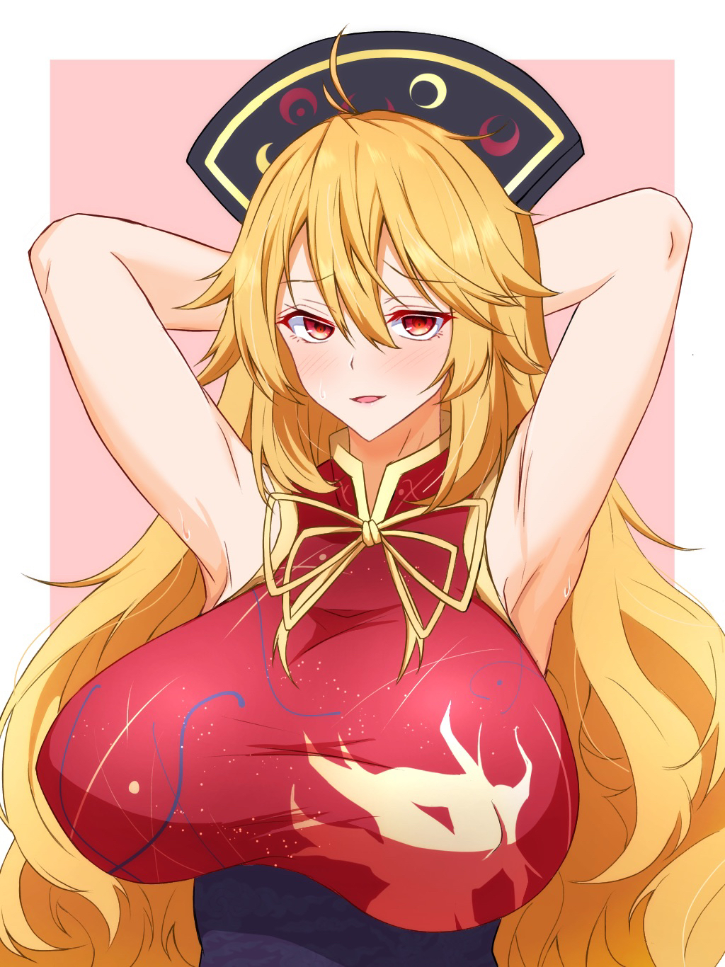 ahoge arms_behind_head arms_up belt black_headwear blonde_hair blush border bow bowtie breasts chinese_clothes commentary_request crescent female hair_between_eyes hands_up hat highres huge_breasts junko_(touhou) long_hair looking_at_viewer mandarin_collar mature_female milf open_mouth outside_border phoenix_crown pink_background purple_belt red_eyes simple_background smile solo sweat sweatdrop tabard tasuku_(tusktouhou4) tongue touhou upper_body white_border yellow_bow yellow_bowtie