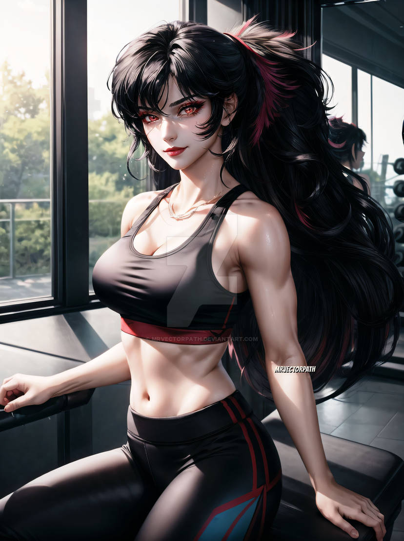 ai_generated black_hair gym_clothes gym_uniform milf mrvectorpath raven_branwen red_eyes rwby workout_clothing