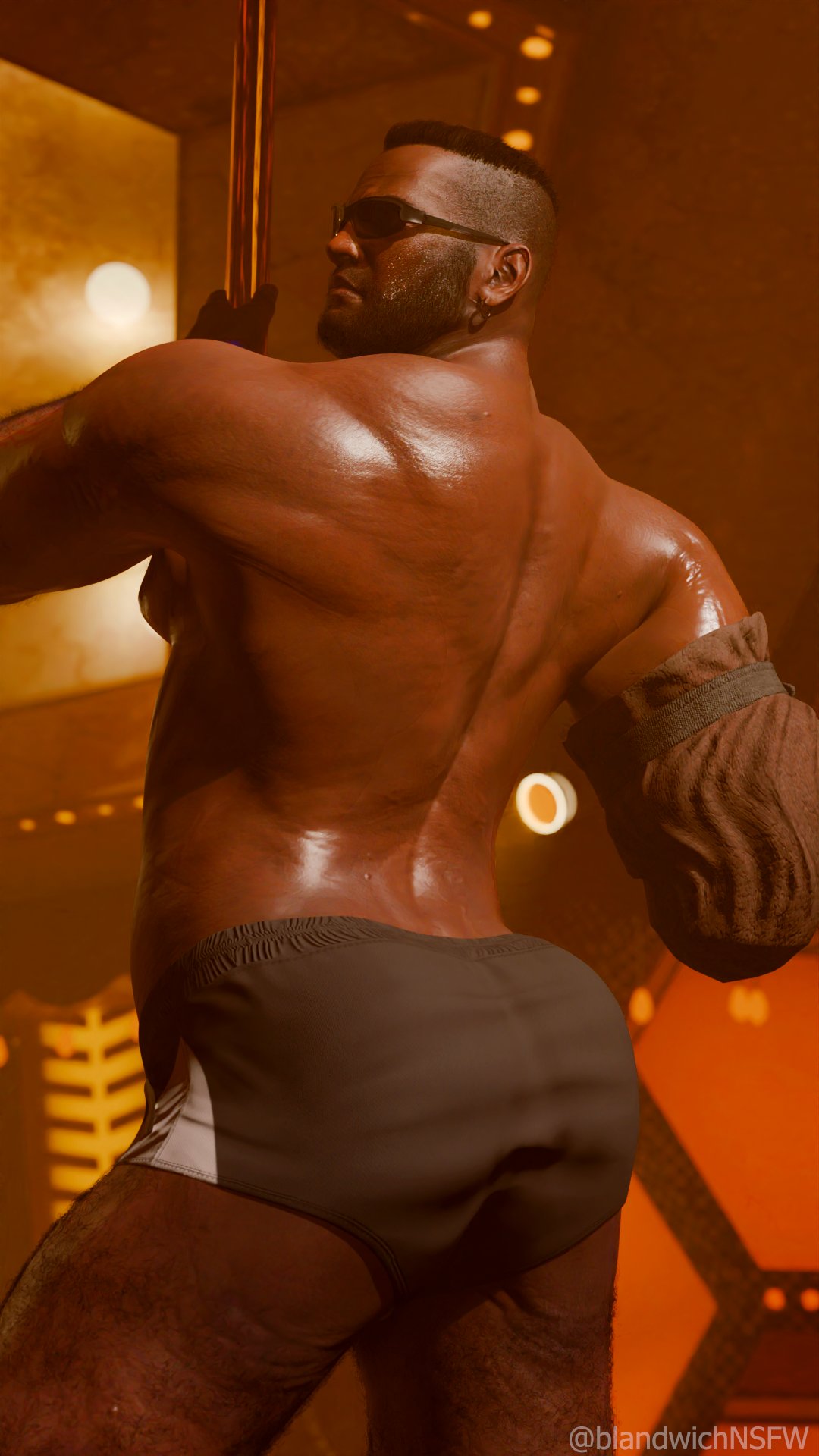 1boy 1human 1male 3d 3d_(artwork) 3d_model amputee aroused aroused_male barret_wallace black_sunglasses blandwich dark-skinned_male dark_skin final_fantasy final_fantasy_vii final_fantasy_vii_remake hairy hairy_body hairy_legs hairy_male indoor_nudity indoors male male_focus male_only masculine masculine_male melanin shorts shorts_only solo solo_focus solo_male square_enix stripper stripper_pole sunglasses_only veiny_body veiny_muscles