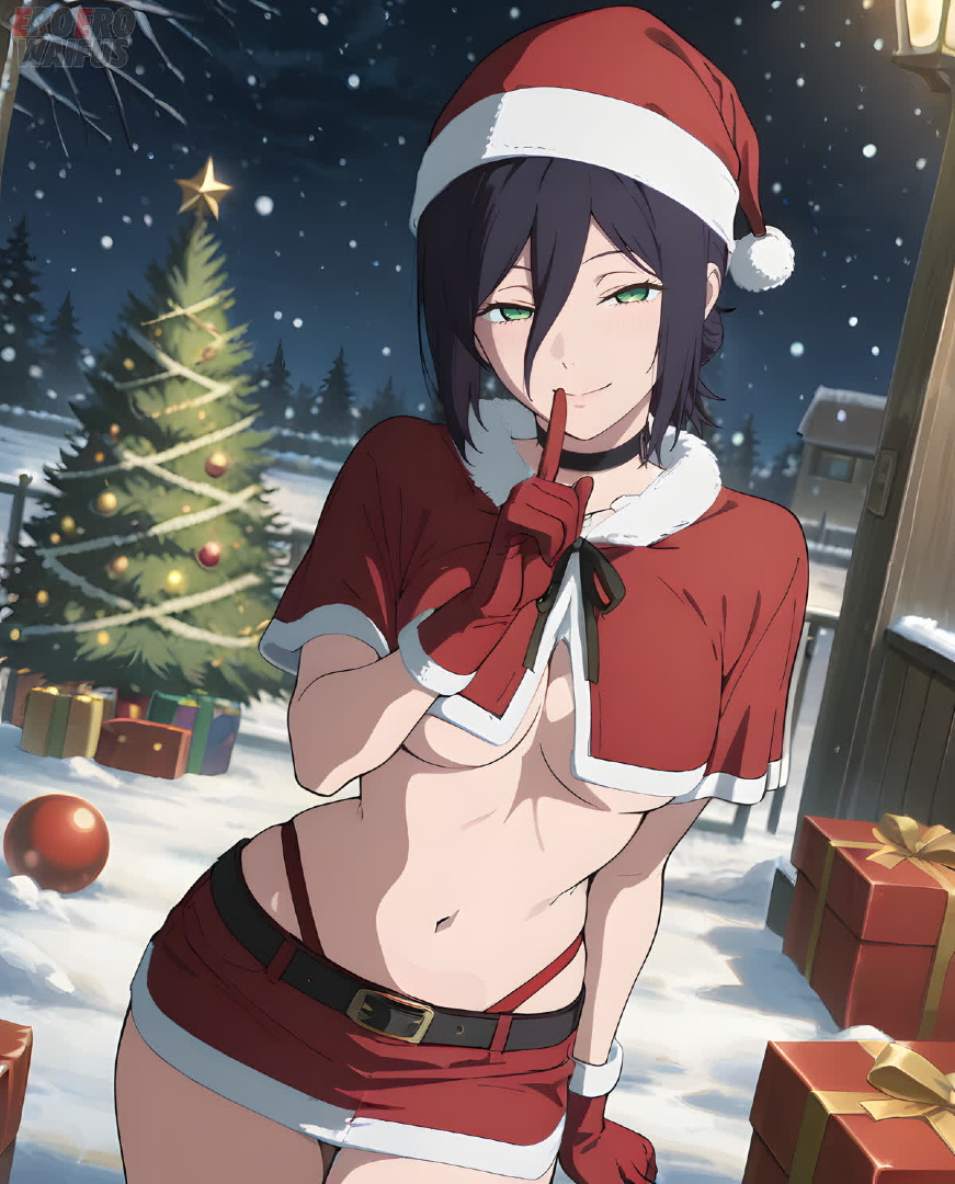 ai generated, bare thighs, big breasts, black hair, chainsaw man, christmas, eroero waifus, green eyes, hair bun, huge breasts, huge thighs, large breasts, light skin, light-skinned female, looking at viewer, reze (chainsaw man), santa costume, santa hat, short hair, smiling, solo female, squatting, sweat, sweatdrop, thick body, thick female, thick thighs, thighs, voluptuous, voluptuous female