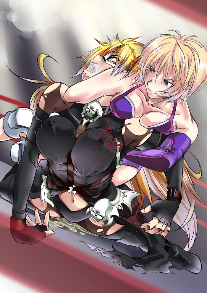 2girls arched_back asphyxiation blonde_hair boots breasts catfight choke_hold cleavage clothing elbow_gloves erect_nipples erect_nipples_under_clothes female female_only fingerless_gloves gloves headlock kamui_raira kupala kupala_(artist) large_breasts leotard multiple_girls nastassja_han navel peeing peeing_self pink_hair rolling_eyes saliva smile strangling thigh_boots thighhighs torn_clothes urine urine_pool wrestle_angels wrestling