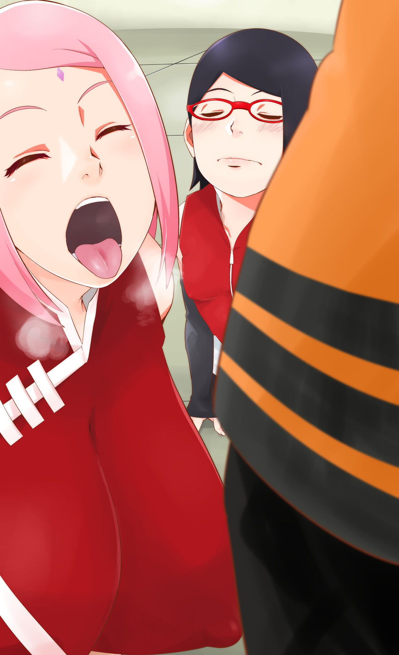 1boy, 2girls, age difference, ass, black eyes, black hair, boruto: naruto next generations, breast size difference, breasts, cheating, cheating wife, closed eyes, closed mouth, clothing, covered erect nipples, female, ffm, ffm threesome, glasses, haruno sakura, highres, huge breasts, imminent cumshot, imminent ejaculation, larger female, licking, male, mature female, milf, mother and daughter, multiple females, multiple girls, naruto, naruto (series), netorare, ntr, open mouth, oyakodon, partial male, sakura haruno, sarada uchiha, short hair, size difference, small breasts, smaller female, source request, sunahara wataru, teeth, threesome, uchiha sakura, uchiha sarada, uzumaki naruto, waiting, waiting for cum