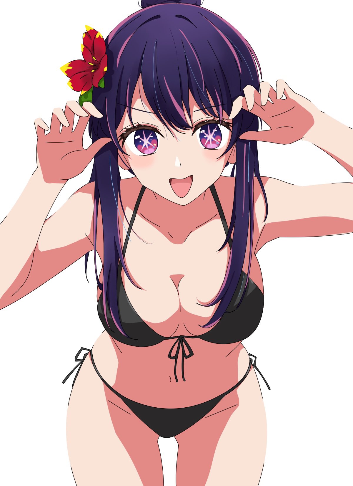 armpits, arms, bare arms, bare legs, bare midriff, bare shoulders, bare thighs, bikini, black bikini, black bikini bottom, black bikini top, black swimsuit, black swimwear, breasts, clawed fingers, cleavage, female, female only, fingers, flower, front-tie bikini top, front-tie top, groin, hair bun, hair flower, hair ornament, hands, highres, hoshino ai, kusana (kusana47454281), leaning forward, looking at viewer, medium breasts, navel, open mouth, oshi no ko, purple eyes, purple hair, side-tie bikini bottom, sidelocks, simple background, smile, solo, string bikini, swimsuit, symbol-shaped pupils, teenager, thighs, tongue, tongue out, v-line, white background