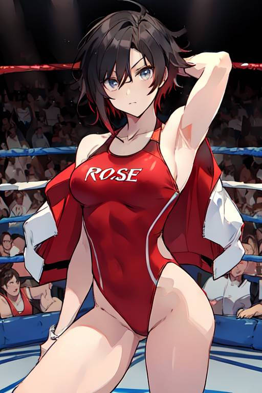 1girls ai_generated codestormcynet red_hair ruby_rose rwby silver_eyes wrestling_outfit