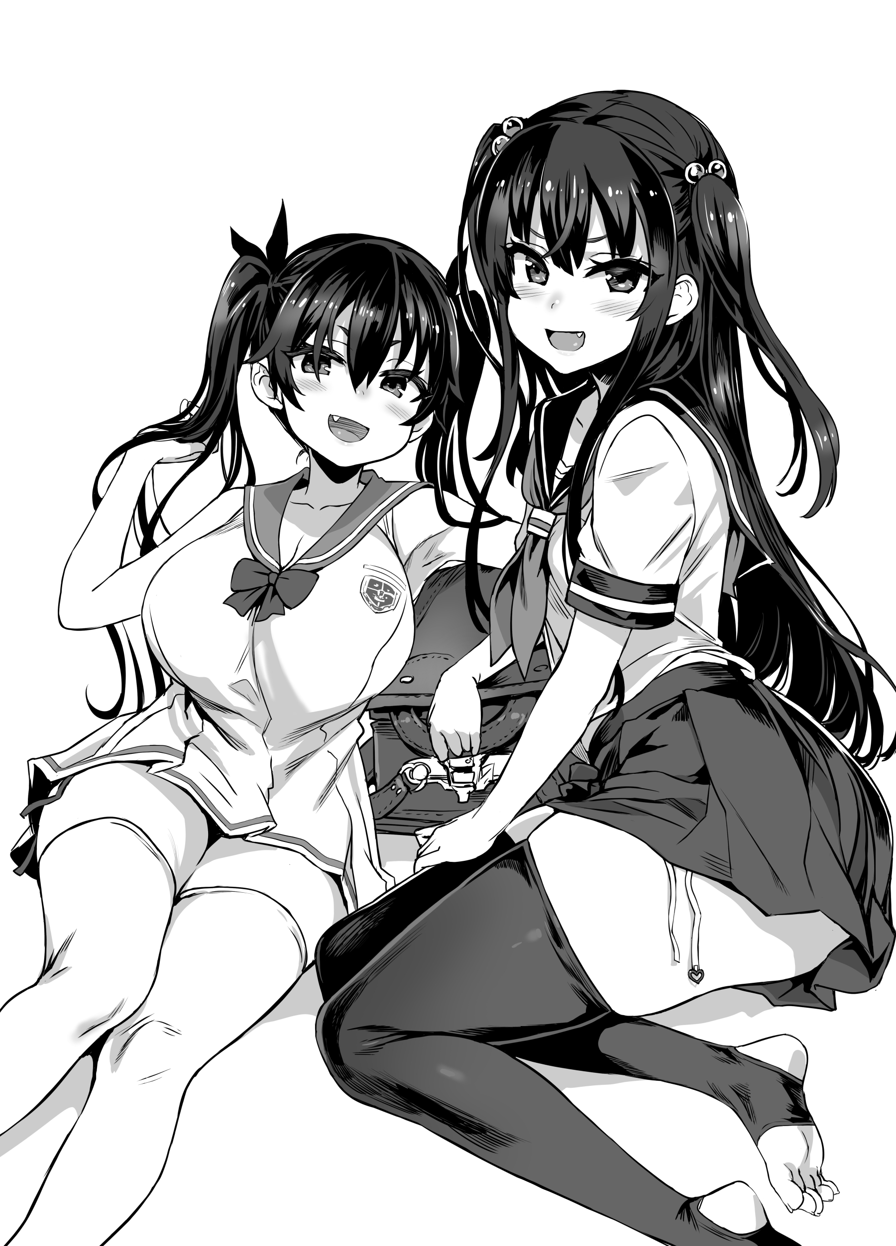 2girls, asanagi, big breasts, breasts, female, female only, legwear, looking at viewer, monochrome, multiple females, multiple girls, school uniform, small breasts, smirk