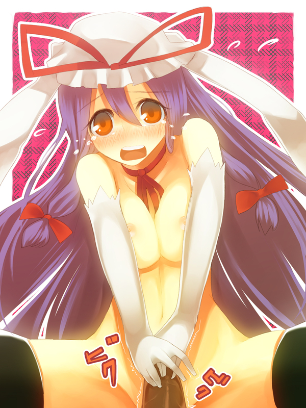 black_legwear blush bow breasts choker cosplay elbow_gloves female gloves hair hair_ribbon hairbow hat hat_ribbon kakei long_hair male naked_thighhighs nipples nude open_mouth penis purple_hair red_eyes reisen_udongein_inaba ribbon sex solo_focus straight thighhighs touhou uncensored vaginal_penetration yukari_yakumo_(cosplay)