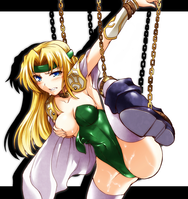 1girls angry arm_up blonde_hair blue_eyes blush bondage boots breast_hold breasts cape celes_chere chained chains clothed collar covering covering_breasts covering_nipples cuffs cum cum_drip cum_on_body cum_on_lower_body cum_on_thighs curvy embarrassed enf female female_only femsub final_fantasy final_fantasy_vi footwear hair headband human leg_lift leg_up leotard long_hair lost_clothes medium_breasts open_clothes panties purple_legwear scared segami_daisuke shoulder_pads solo suspension sweat tears thick_thighs thighhighs wardrobe_malfunction wide_hips