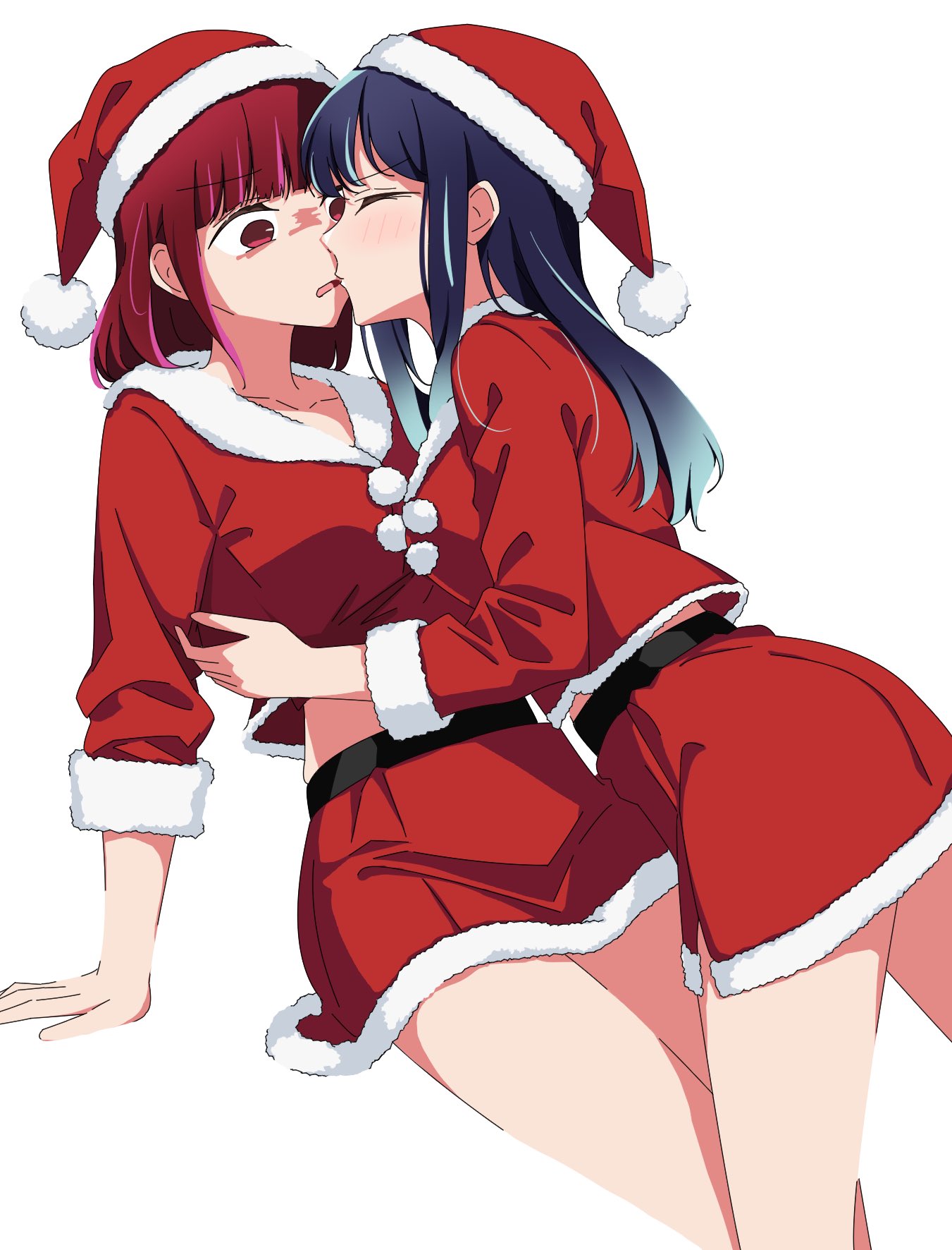 2girls arima_kana bare_thighs blue_hair blush breasts closed_eyes collarbone commentary_request earrings fur-trimmed_skirt fur_trim gradient_hair hands_on_waist hat highres holding_another imminent_kiss jewelry kissing kurokawa_akane kusana_(kusana47454281) light_blue_hair long_hair looking_at_partner medium_breasts medium_hair merry_christmas midriff multicolored_hair multiple_girls oshi_no_ko parted_lips red_eyes red_hair red_shirt red_skirt santa_costume santa_dress santa_hat shirt sidelocks simple_background sitting skirt thick_ass thick_thighs thighs variant_set white_background wholesome yuri