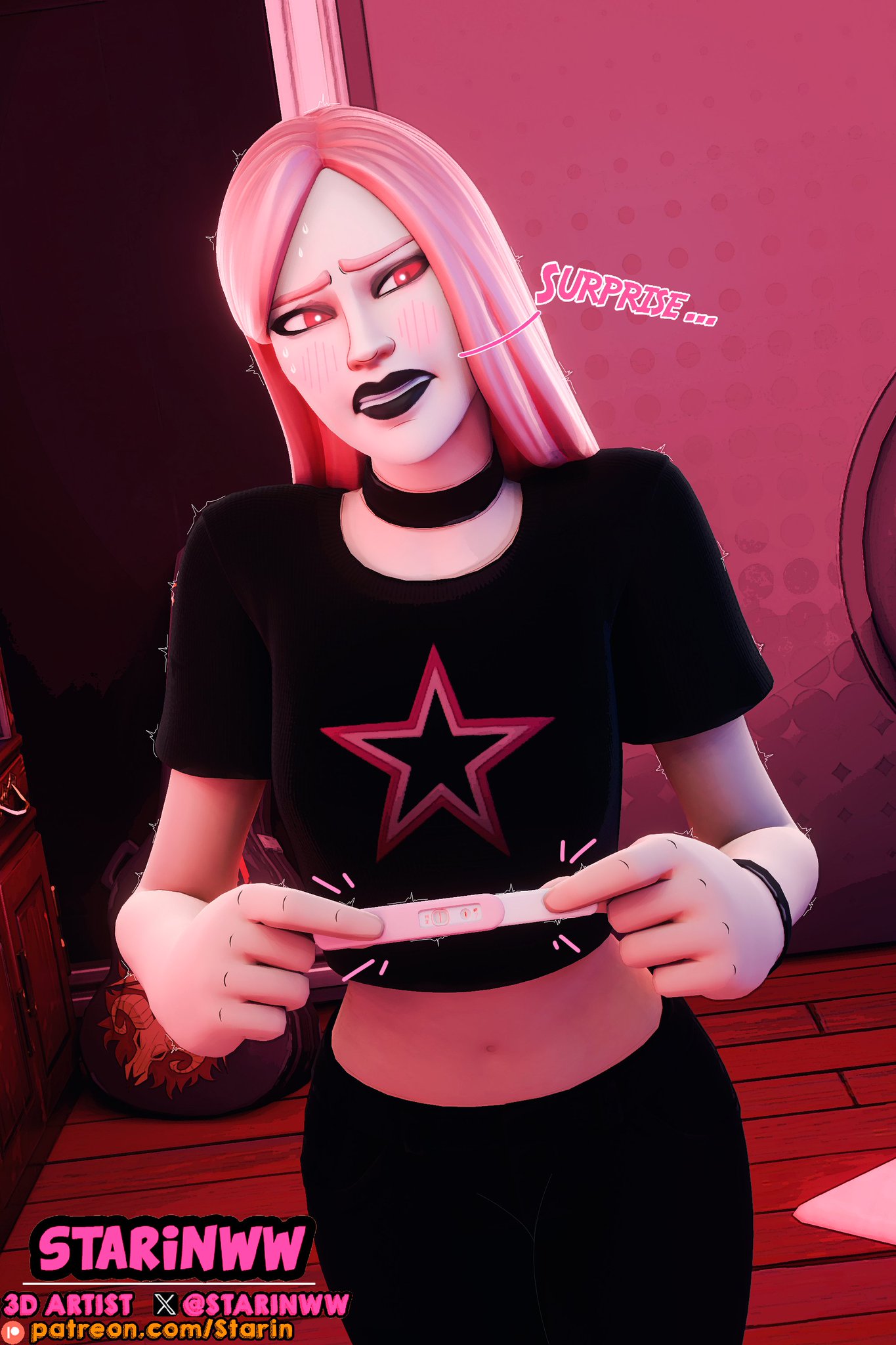 after sex, blush, blushing, bracelet, choker, clothed, clothed female, clothing, comic, female, fortnite, fully clothed, fully clothed female, haze (fortnite), looking away, positive pregnancy test, pregnancy test, starinww, surf witch (fortnite), sweat, sweatdrop, sweating, tagme, talking to partner, text, text bubble, valentine's day