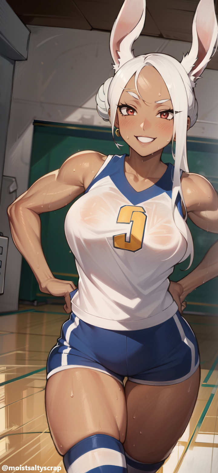 1girls abs ai_generated big_breasts boku_no_hero_academia breasts bunny_ears clothed collarbone dark-skinned_female dark_skin female female_focus female_only large_breasts lips long_hair looking_at_viewer miruko moistsaltyscrap muscular_female my_hero_academia rabbit_girl red_eyes rumi_usagiyama smile smiling smiling_at_viewer solo sweat sweatdrop volleyball volleyball_uniform white_hair wide_hips