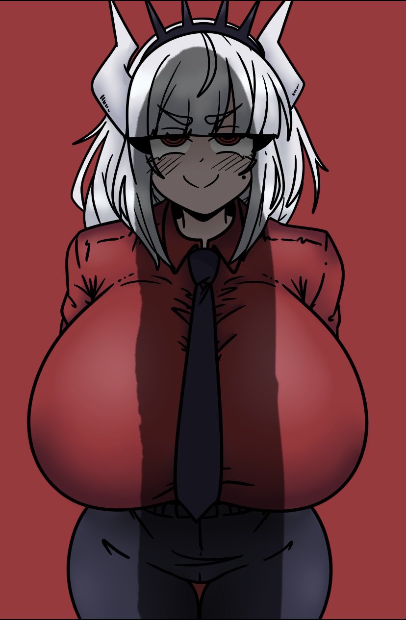 1boy 1girls big_breasts demon_girl giant_penis helltaker inakotho lucifer_(helltaker) penis_shadow smile smug_face thick_thighs white_hair