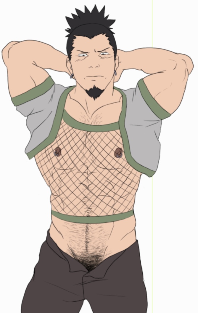 1boy abs arms_up bara biceps big_biceps black_hair blush blush_lines body_hair boruto:_naruto_next_generations brown_nipples chest_hair clothed clothing dilf earrings facial_hair fishnet_shirt fishnets goatee grey_jacket hair_tied hairy hairy_chest hairy_male hands_behind_head happy_trail human human_only jacket light-skinned_male light_skin looking_down male male_focus male_only manly mature mature_male muscle muscles muscular muscular_male nara_shikamaru naruto naruto_(series) naruto_shippuden nipple_piercing nipples outgrowing_clothes pants pecs pectorals pierced_nipples pose posing pubic_hair sarah_borrows see-through see-through_shirt shirt simple_background sniperstalker solo solo_focus solo_male standing tied_hair tight_clothing tight_jacket unbuttoned_pants white_background