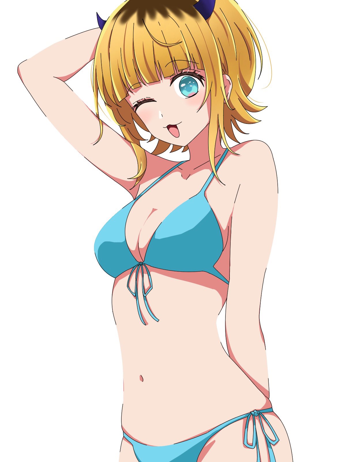 ;3 aqua_bikini aqua_eyes arm_up armpits belly belly_button bikini black_hair blonde_hair blue_bikini blue_bikini_bottom blue_bikini_top blue_eyes blue_swimsuit blue_swimwear blush breasts cleavage demon_horns dyed_hair elbows fake_horns female front-tie_bikini_top front-tie_top hand_behind_head hand_on_head highres horns kusana_(kusana47454281) medium_breasts medium_hair mem-cho multicolored_hair navel one_eye_closed open_mouth oshi_no_ko roots_(hair) short_hair side-tie_bikini_bottom sideboob sidelocks simple_background solo swimsuit v-line white_background