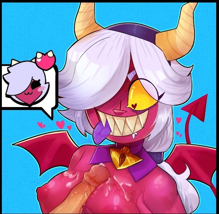 brawl stars, breasts, colette (brawl stars), cum, cum on breasts, demon, female, grey hair, heart-shaped pupils, paizuri, pink skin, red skin, sex, supercell, titjob, trixie colette (brawl stars), yellow eyes, yellow pupils