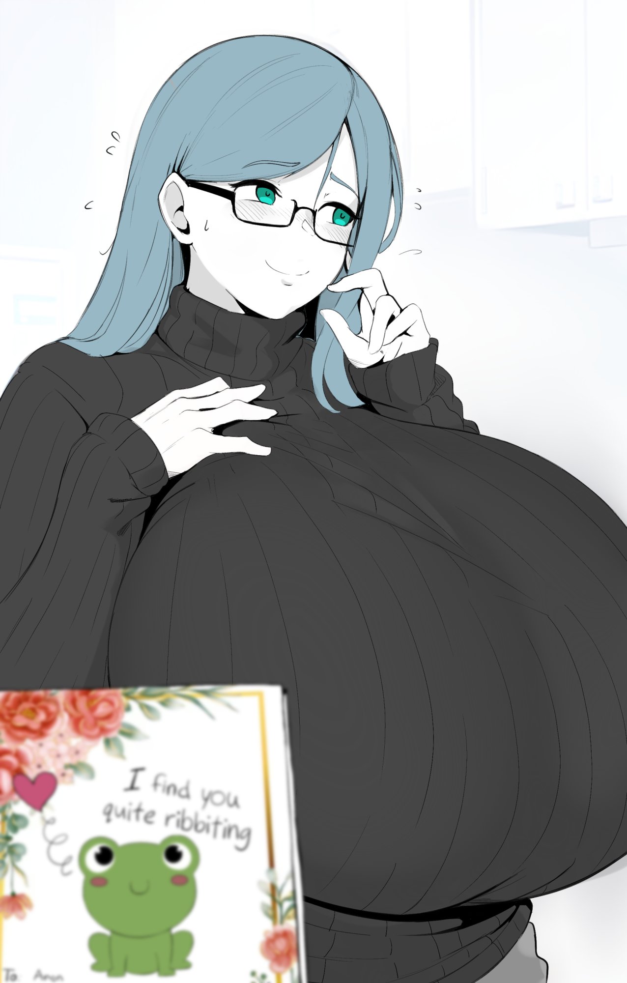 big breasts, blue hair, blush, blush lines, blushing, breasts, clothed, daniella (setawar), female, fully clothed, glasses, hand on breast, hand on chest, hand on face, huge breasts, large breasts, ribbed sweater, setawar (coco), sweater, teal eyes, turtleneck, turtleneck sweater, wholesome