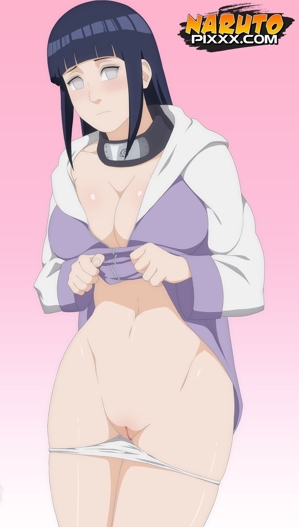 ambiguous background, blue hair, blush, byakugan, cleavage, cropped, edited, embarrassed, exposing pussy, female, female focus, fit, fit female, hyuuga hinata, jacket lift, lifting clothing, long hair, looking at viewer, multicolored jacket, naruto, naruto (series), naruto shippuden, panties, panties down, pink background, pussy, seductive body, solo, solo female, undressing, undressing self, white panties