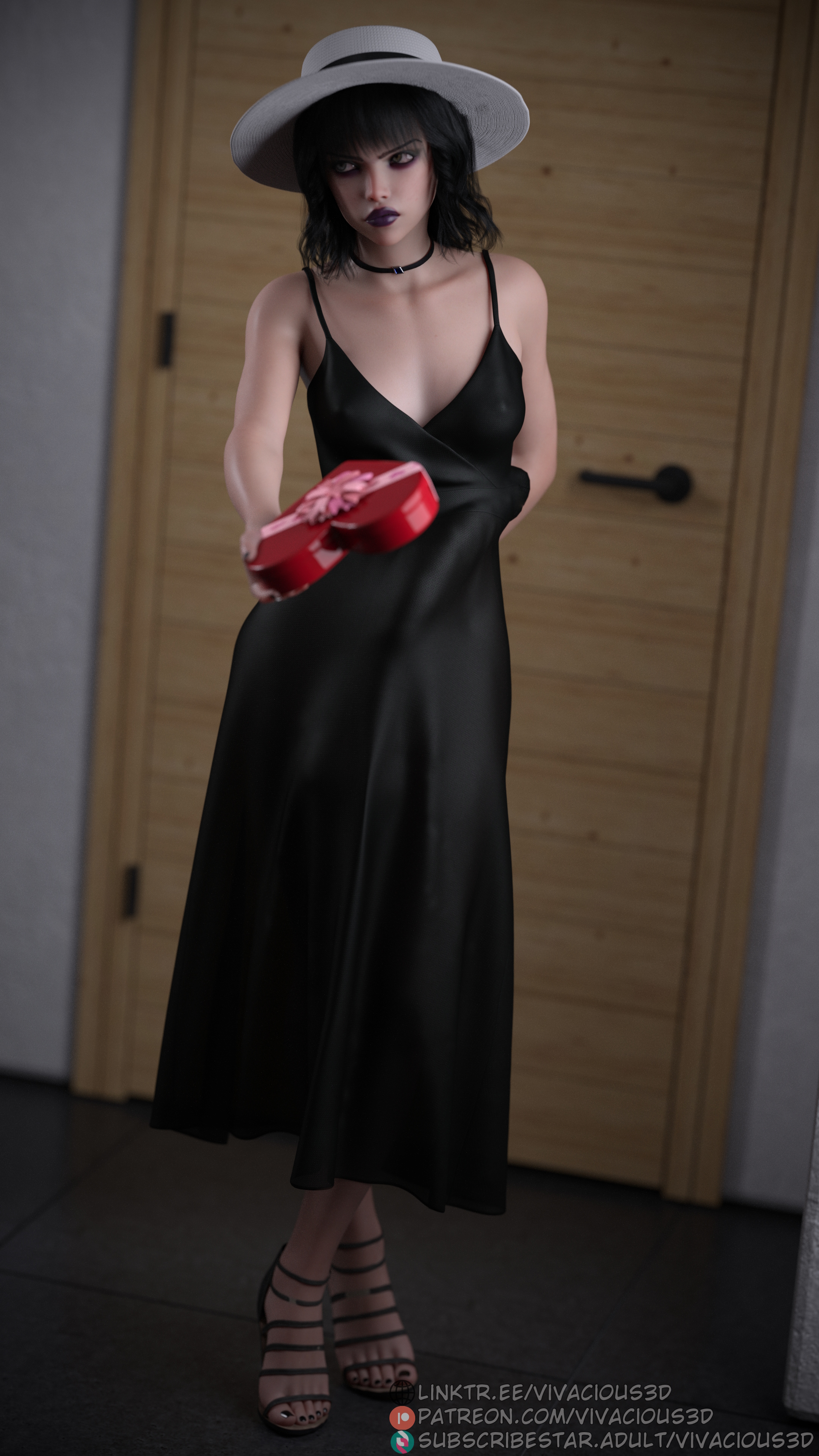 1futa, 3d, 3d (artwork), 3dx, big penis, black dress, black hair, black-haired futa, blair (vivacious3d), bulge, bulge through clothing, bulge under clothes, cameltail, choker, dickgirl, dress, erection, full-package futa, futa only, futadom, futanari, gift, goth, goth futa, hat, huge cock, human, human only, intersex, large penis, light skin, light-skinned futa, massive penis, nail polish, original character, penis, penis under clothes, pov, standing, tagme, toenail polish, valentine's day, violet lipstick, vivacious3d