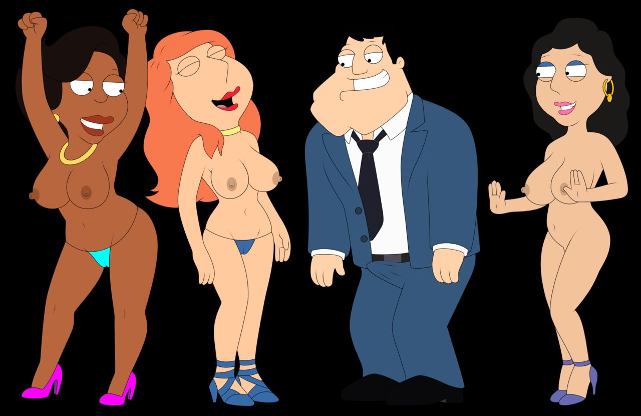 1boy 20th_century_fox 2d 3girls accurate_art_style american_dad big_breasts black_background black_female boner bonnie_swanson donna_tubbs ebony erect_penis erection family_guy high_heels lois_griffin long_hair nipples no_bra no_panties nude red_hair short_hair stan_smith tits_out