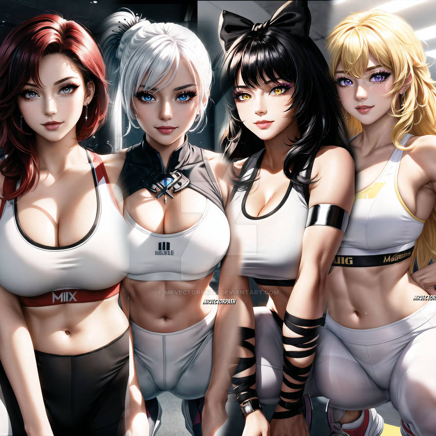 4girls ai_generated asian black_hair blake_belladonna blonde_hair blue_eyes female female_only gold_eyes gym_clothes human hyperrealistic lavender_eyes mrvectorpath multiple_girls multiple_images no_sex red_hair ruby_rose rwby silver_eyes watermark weiss_schnee white_hair workout_clothes yang_xiao_long