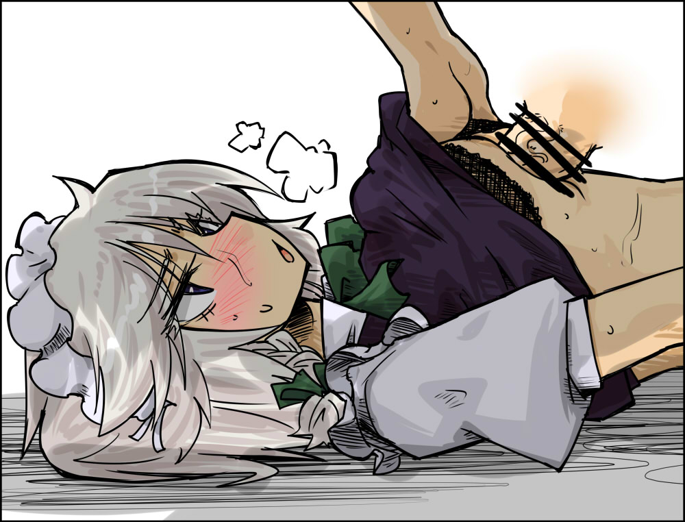 blush braid breasts bulge bulge_under_clothes censored color female male paizuri paizuri_under_clothes penis sakuya_izayoi seki_(red_shine) short_hair silver_hair straight touhou twin_braids veins veiny_penis