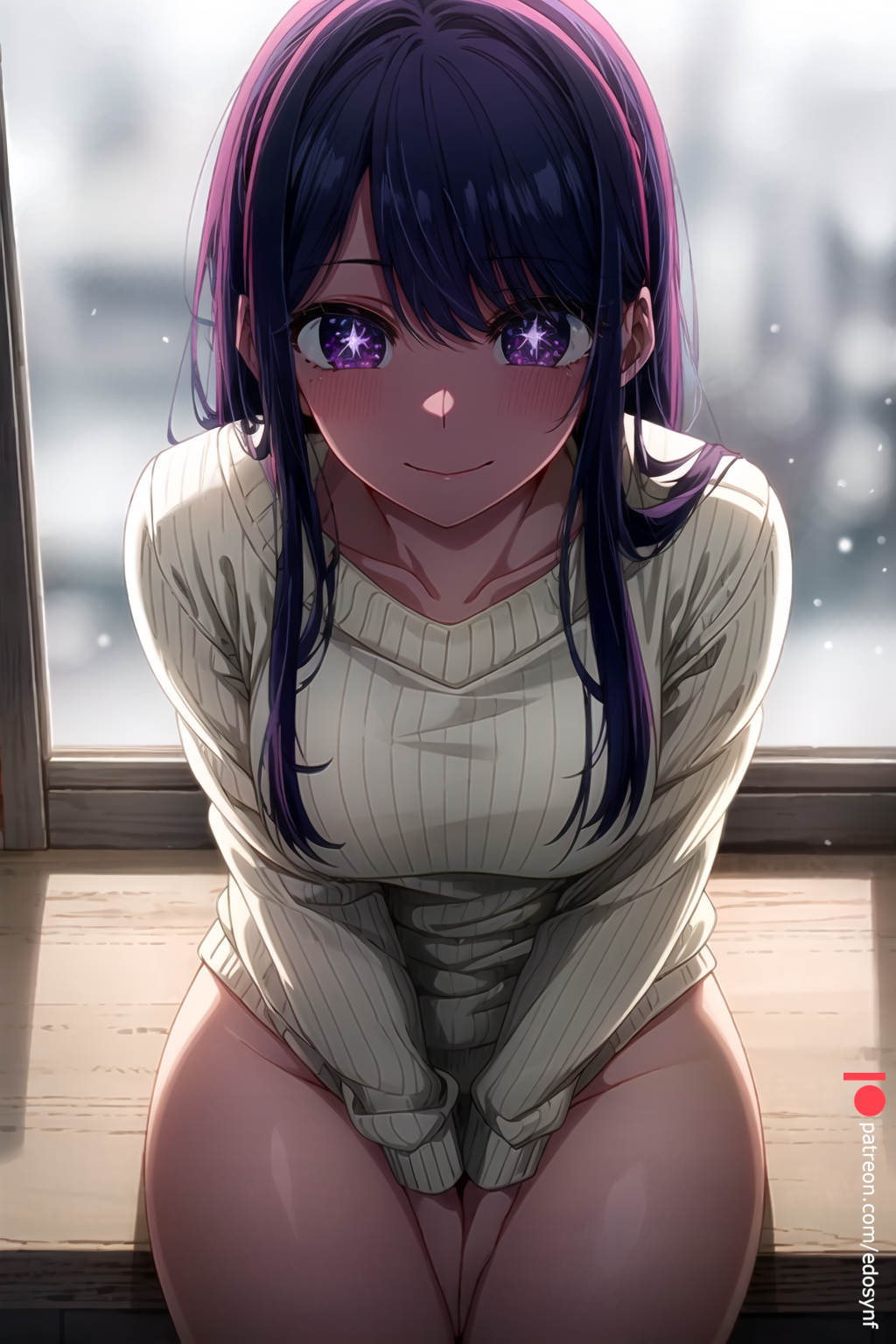 ai_generated backlighting bangs between_legs black_hair blush bottomless breasts closed_mouth collarbone covering_crotch edosynf female grey_sweater hand_between_legs highres hoshino_ai indoors large_breasts long_hair long_sleeves looking_at_viewer medium_breasts oshi_no_ko purple_eyes purple_hair ribbed_sweater sidelocks sitting smile solo sweater swept_bangs thighs v_arms white_sweater