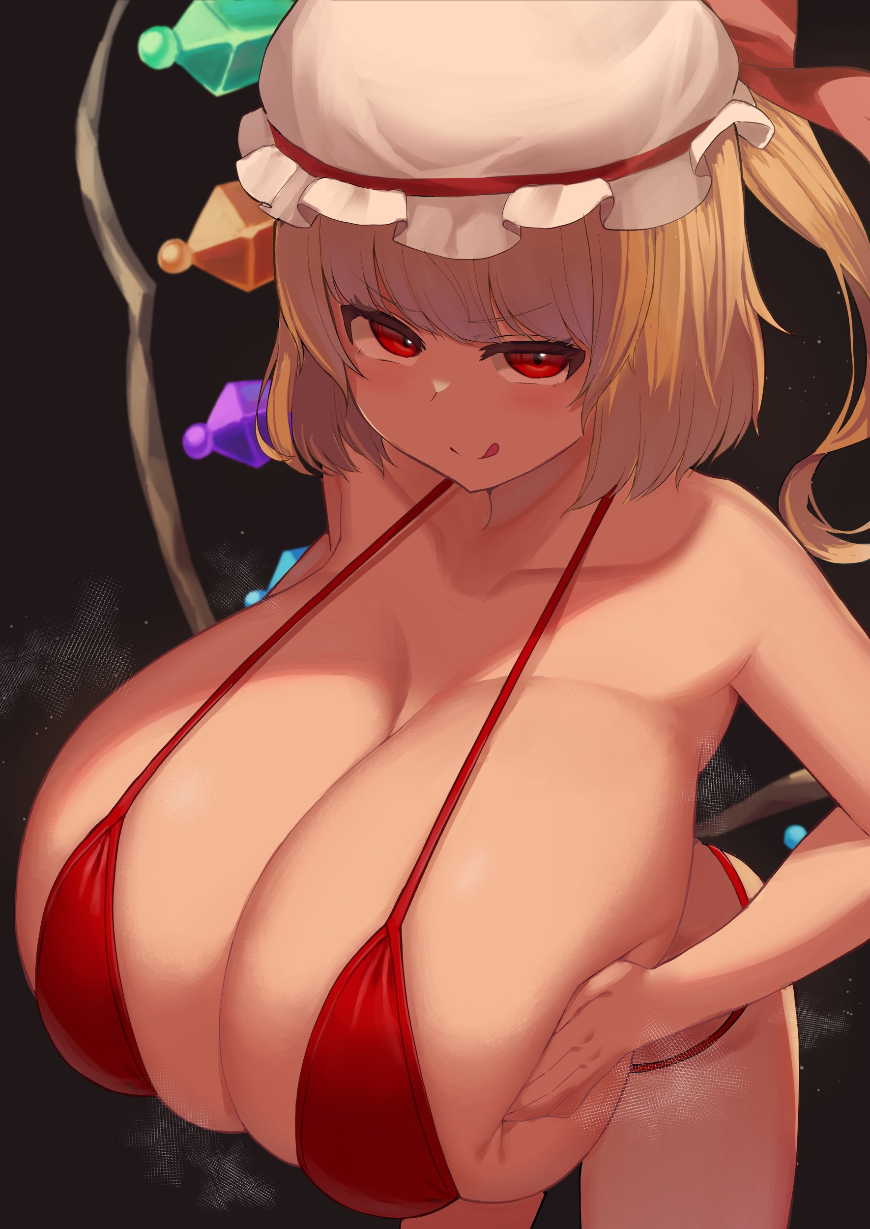 alternate breast size, big breasts, bikini, brat, breasts, facominn, female, flandre scarlet, gigantic breasts, hyper breasts, leaning forward, licking lips, mesugaki, presenting breasts, red bikini, skindentation, smug, smug face, steaming body, top heavy, touhou