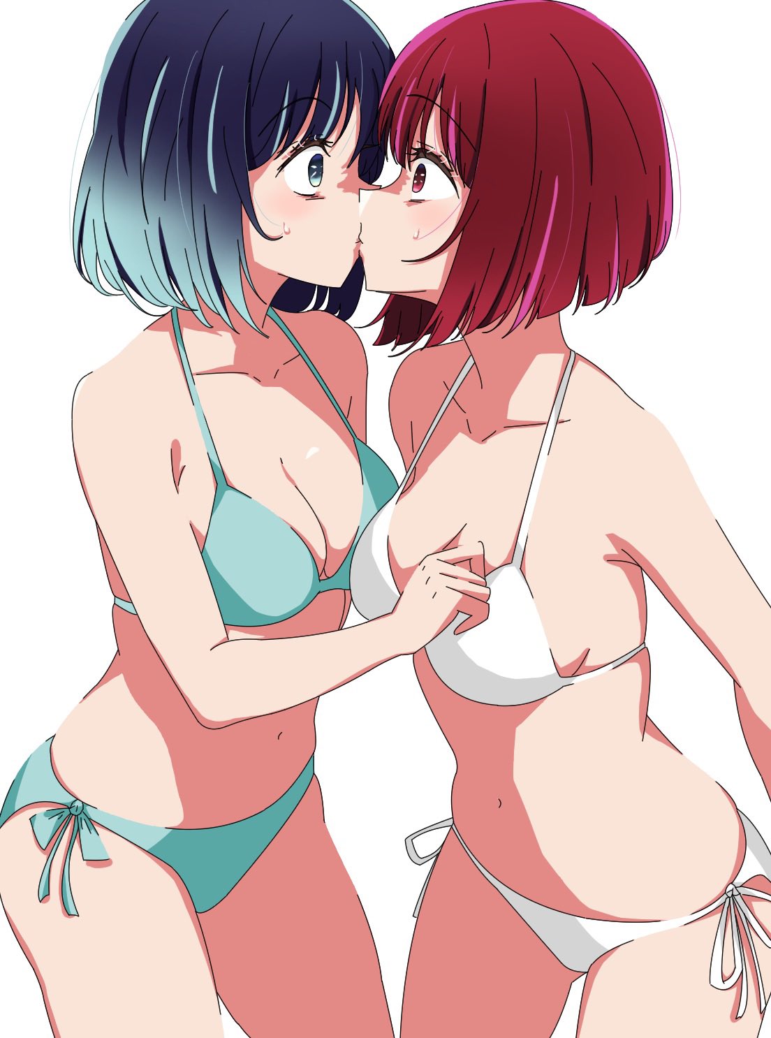 2girls arima_kana bare_arms bare_shoulders bikini blue_bikini blue_eyes blush bob_cut breasts catfight highres inverted_bob kissing kurokawa_akane kusana_(kusana47454281) looking_at_another medium_breasts medium_hair multiple_girls navel oshi_no_ko red_eyes red_hair rivals sexfight simple_background swimsuit white_background white_bikini yuri