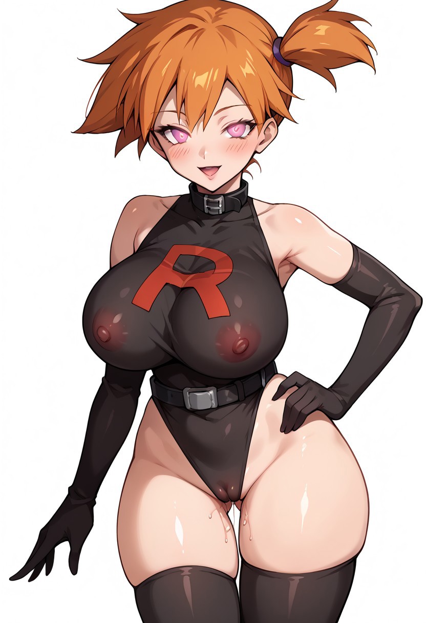 adapted_costume ai_generated areolae asymmetrical_hair bangs bare_shoulders belt black_belt black_gloves black_legwear black_thighhighs blush breasts buckle cameltoe clothing collar covered_erect_nipples covered_navel cowboy_shot curvaceous elbow_gloves erect_nipples female female female_only gloves gym_leader hand_on_hip high_resolution highleg highleg_leotard hips huge_breasts kasumi_(pokemon) kasumi_(pokemon) large_breasts legwear leotard looking_at_viewer navel nipples open_mouth orange_hair pink_eyes pokemon pokemon_character pokemon_species ponytail see-through shiny shiny_clothes shiny_skin short_hair side_ponytail simple_background skindentation smile solo standing team_rocket team_rocket_uniform thick_thighs thigh_gap thighhighs thighs tied_hair vagina white_background wide_hips