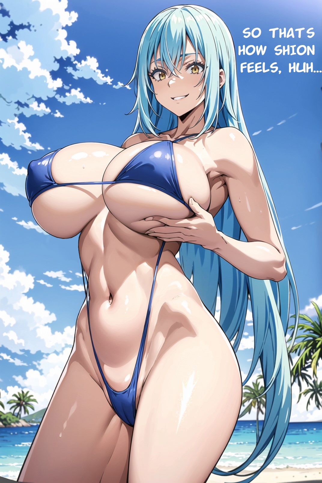 ai generated, ass, beach, big ass, big breasts, big butt, big thighs, blue bra, blue hair, blue panties, bra, breasts, female, gender transformation, genderswap, holding breast, huge ass, huge breasts, long hair, looking at viewer, pale skin, panties, rimuru tempest, rule 63, solo, solo female, solo focus, stable diffusion, sunlight, sweat, sweating, tensei shitara slime datta ken, that time i got reincarnated as a slime, transformation, white skin, yellow eyes
