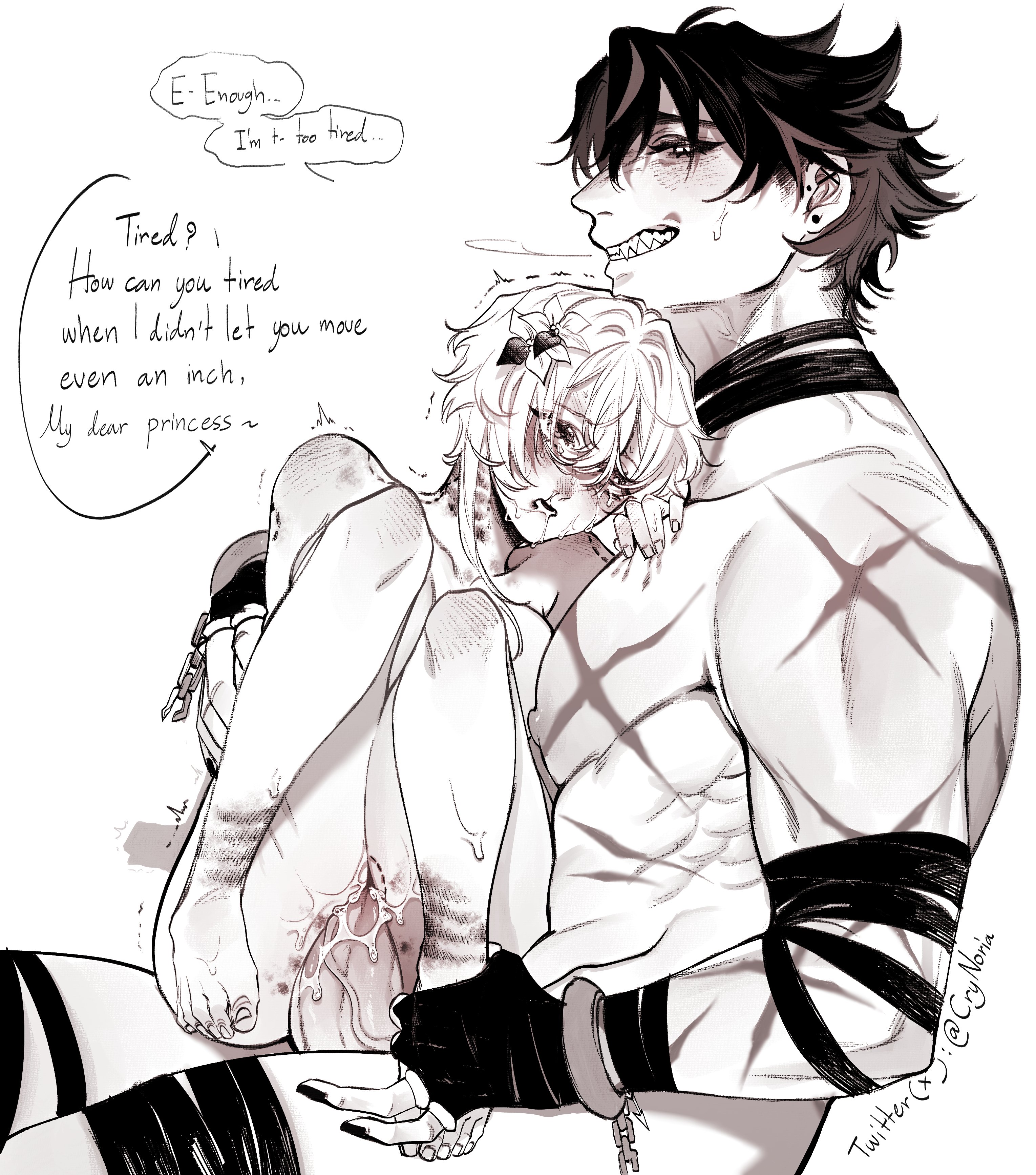 1boy, 1girls, artist name, blush, chains, crynoria, dialogue, fangs, female, fucked silly, genshin impact, hair ornament, lumine (genshin impact), male, nude, nude female, penetration, penis, pussy, rope marks, sex, sharp teeth, short hair, size difference, smile, speech bubble, straight, tears, text, trembling, vaginal penetration, white background, wriothesley (genshin impact)
