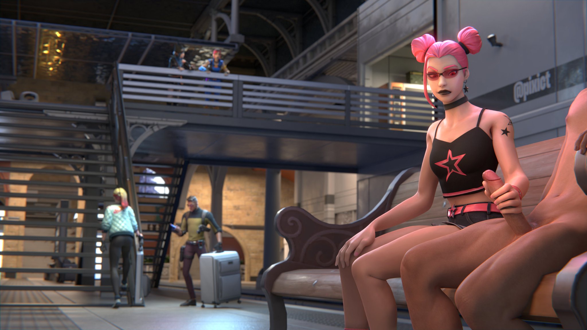 3d, background, background character, background characters, choker, clothed, clothed female nude male, clothing, completely nude, explorer emilie (fortnite), eyebrow raise, female, fortnite, fully clothed female, fully naked, handjob, haze (fortnite), hope (fortnite), jackie (fortnite), looking at partner's penis, looking at penis, male, nude, nude male, penis, pink-tinted eyewear, pixict, shorts, sunglasses, surf witch (fortnite), tagme, tank top, tattoo, tattoos, tinted eyewear, watching, watching sex