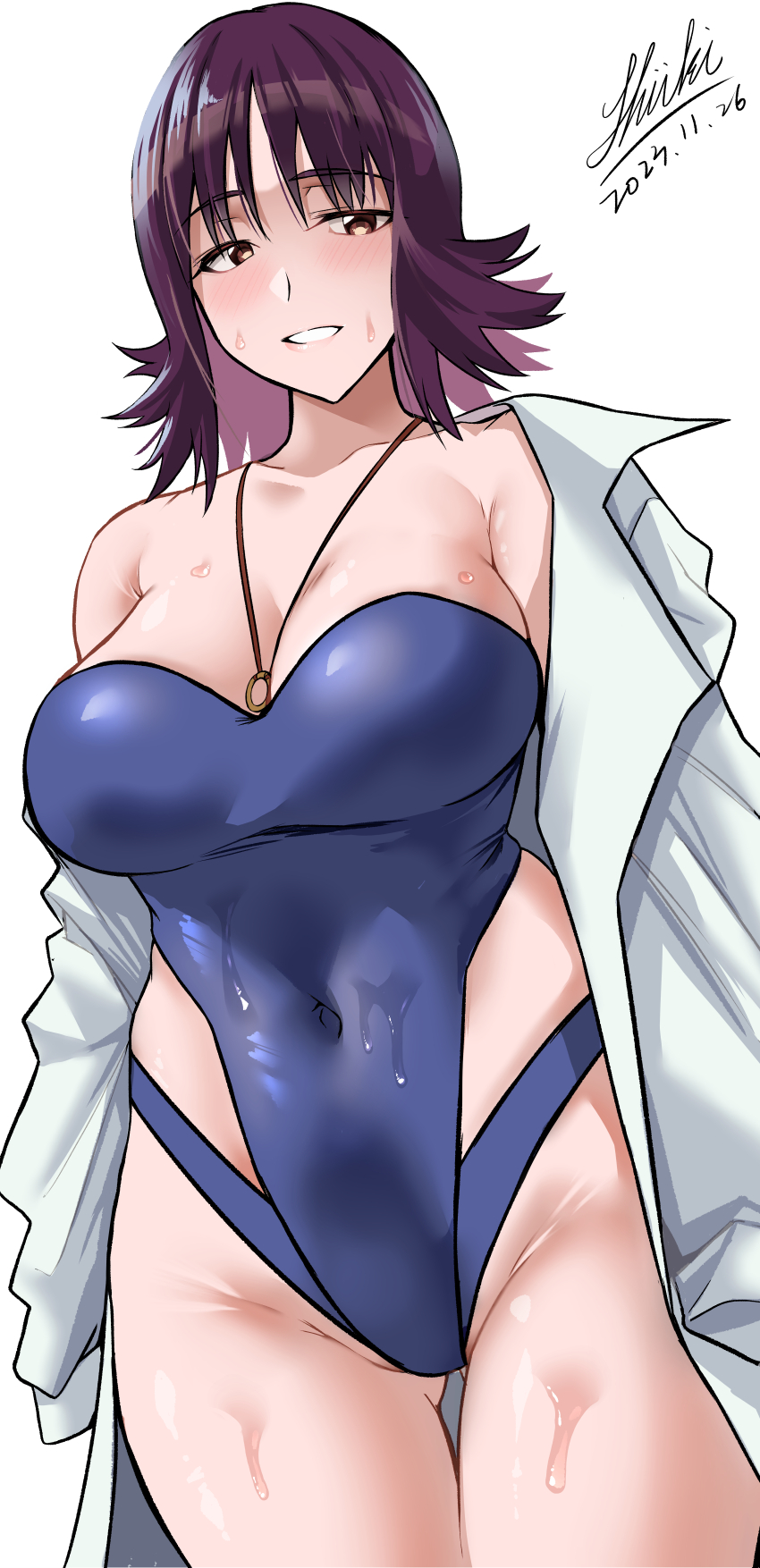 blue_swimsuit blue_swimwear brown_eyes curvy game_freak jewelry lab_coat labcoat necklace nintendo one-piece_swimsuit one_piece_swimsuit philena_ivy pokemon pokemon_professor pokemon_rgby purple_hair purple_hair_female ring ring_necklace shiiki_(love-saber) swimsuit swimwear wide_hips