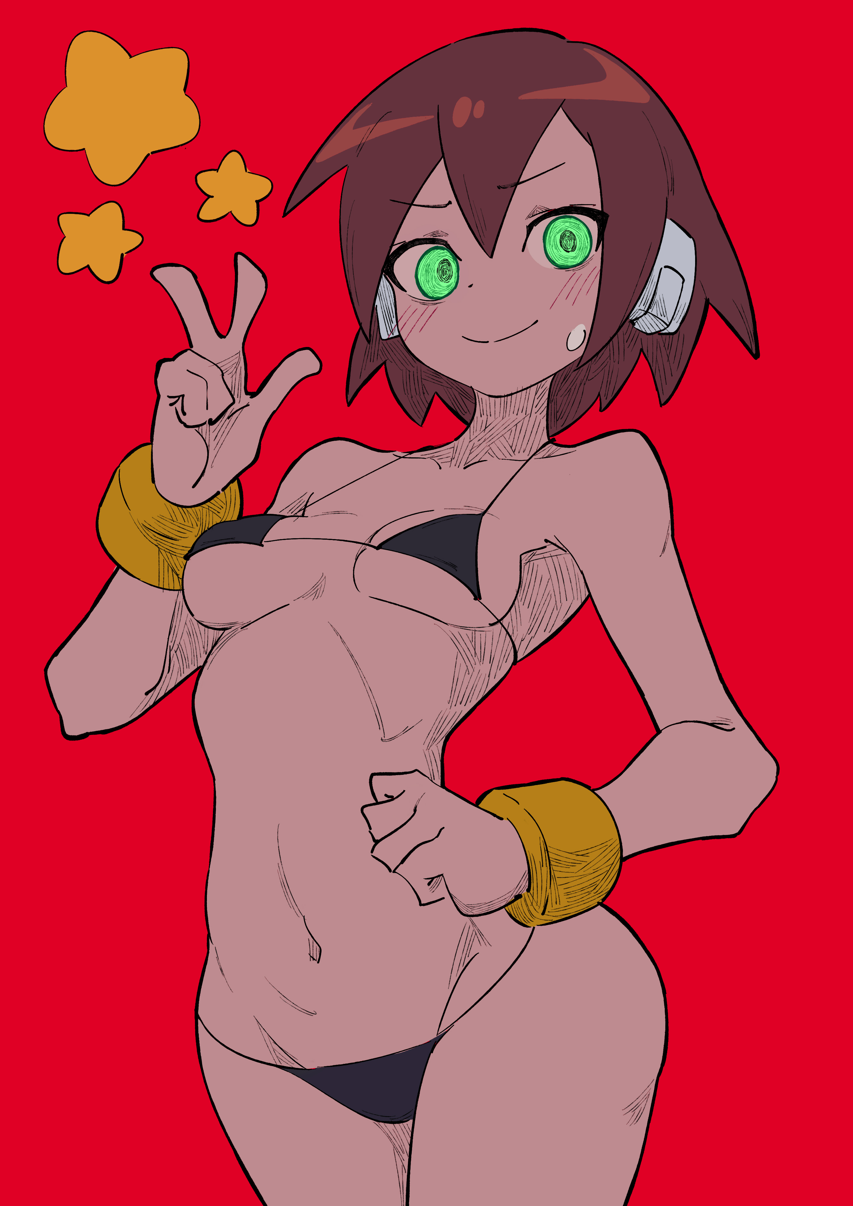 1girls, aile, athletic, bikini, black bikini, blush, bracelet, breasts, brown hair, buzzlyears, closed mouth, closed smile, female, green eyes, groin, hand on hip, hips, looking at viewer, medium breasts, mega man, mega man zx, micro bikini, navel, nervous, nervous smile, peace sign, red background, short hair, slim, small breasts, solo, stars, stomach, sweatdrop, swimwear, thighs, tomboy, v, wristwear