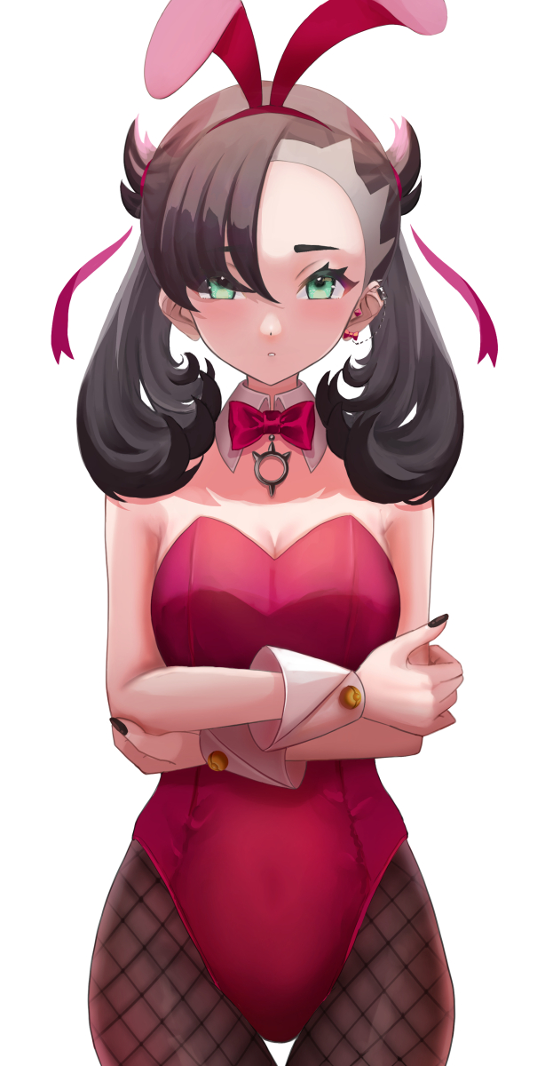 black hair, breasts, crossed arms, detached collar, earrings, fake animal ears, female, fishnet legwear, green eyes, leotard, marnie (pokemon), medium breasts, nintendo, painted fingernails, pink leotard, pokemon, pokemon ss, ribbon in hair, setta shu, short twintails, twintails, wrist cuffs
