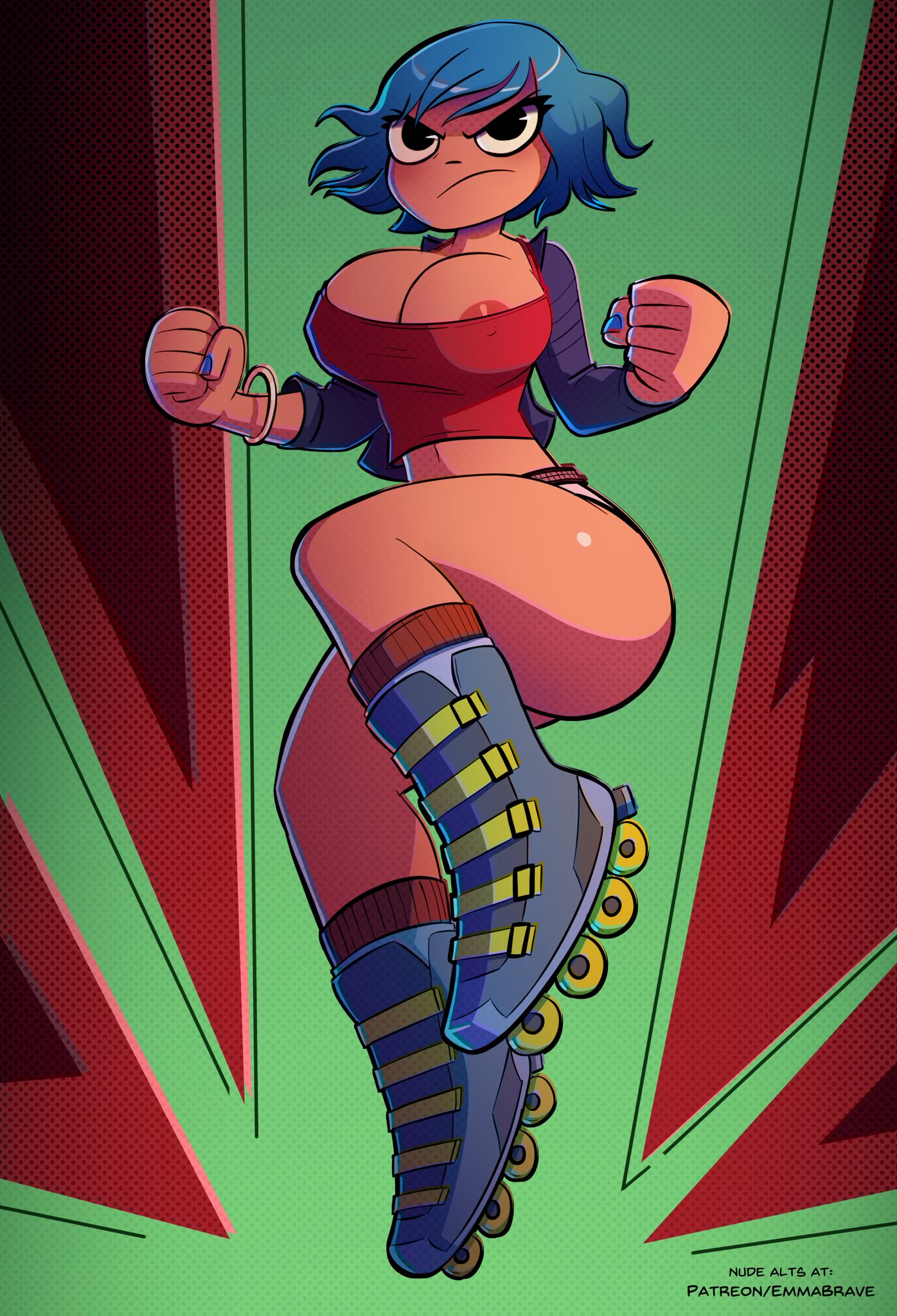 1girls, areola slip, black eyes, blue hair, blue nails, clothed, emmabrave, female, nail polish, nipple bulge, ramona flowers, roller skates, scott pilgrim, short hair, solo, solo female
