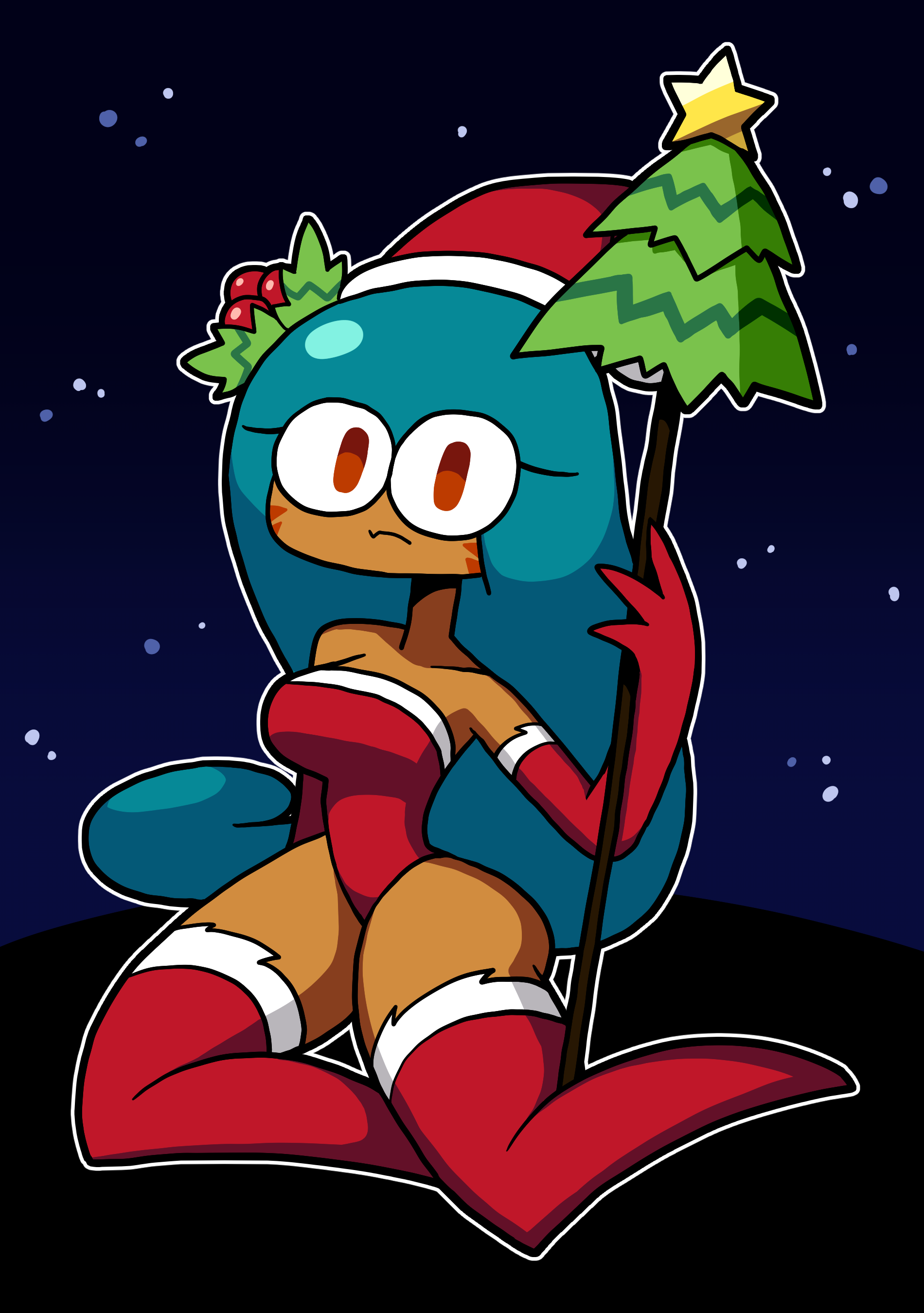 basic background, christmas clothing, christmas outfit, christmas tree, cookie run, cute fang, dark skin, dark-skinned female, fang, female, orange eyes, sitting, sitting on floor, stars, teal hair, tiger lily cookie, tungmi9697