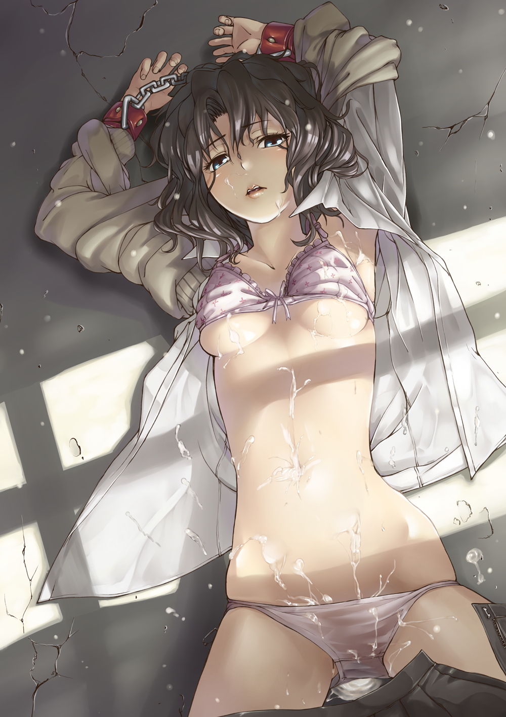 1girls after_sex amagami arms_up azuma_ren blush bondage bra breasts chains cum cum_inside cum_on_belly cum_on_body cum_on_breasts cum_on_clothes cum_on_face cum_on_floor cum_on_lower_body cum_on_upper_body cum_pool cumdrip east_(artist) face facial female handcuffs highres lingerie looking_at_viewer lying medium_breasts on_back open_clothes open_mouth open_shirt panties pleated_skirt shirt short_hair skirt skirt_pull solo tanamachi_kaoru underboob underwear