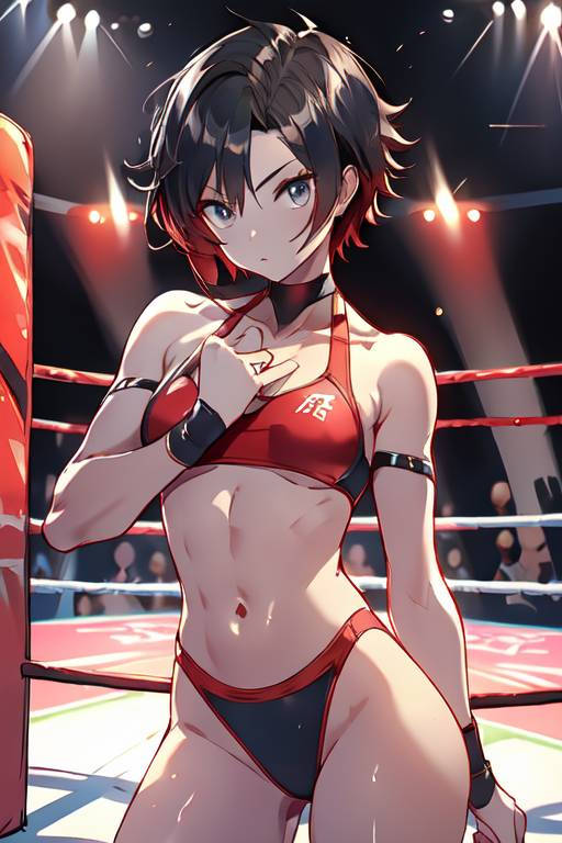 1girls ai_generated background_characters codestormcynet female human red_hair ruby_rose rwby silver_eyes solo_focus wrestling_outfit