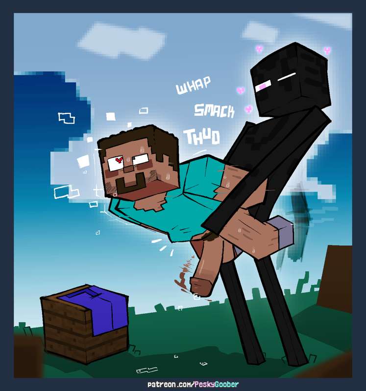 anal blue_shirt blush brown_hair enderman facial_hair gay goatene heart heart_eyes height_difference held_up male male_only minecraft monster_sex naughtybassard precum_drip sex steve_(minecraft) torquewintress yaoi