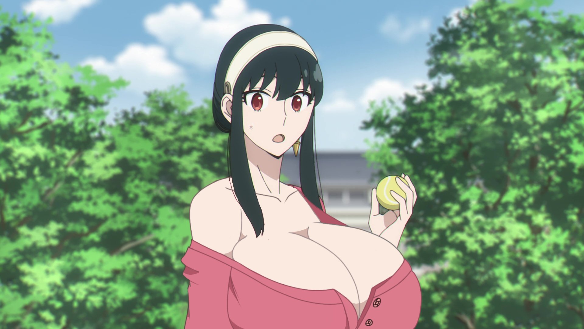 1girls, 2d, big breasts, breasts, edit, edited, female, long hair, looking at viewer, low neckline, red eyes, rokasta1 (artist), spy x family, yor briar