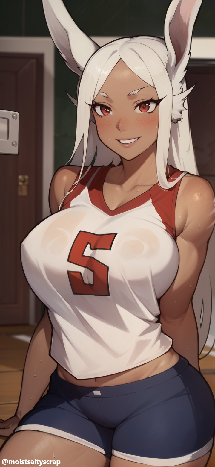 1girls abs ai_generated big_breasts boku_no_hero_academia breasts bunny_ears clothed collarbone dark-skinned_female dark_skin female female_focus female_only large_breasts lips long_hair looking_at_viewer miruko moistsaltyscrap muscular_female my_hero_academia rabbit_girl red_eyes rumi_usagiyama smile smiling smiling_at_viewer solo sweat sweatdrop volleyball volleyball_uniform white_hair wide_hips